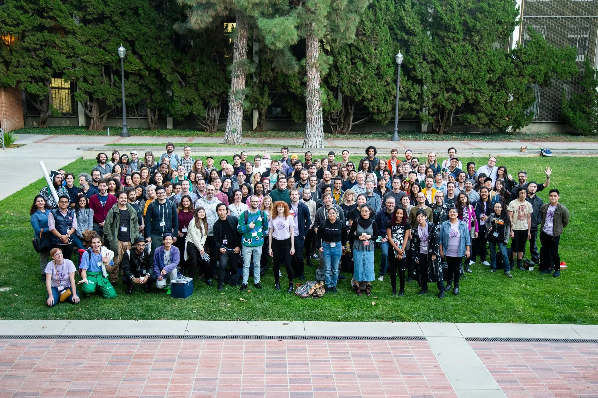A large group of Processing Community Day Los Angeles participants gathered outdoors